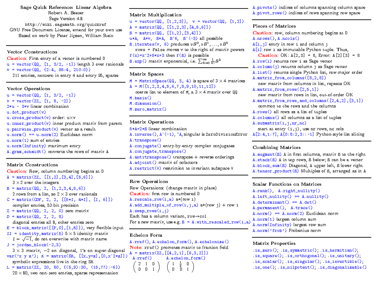 Quickref-Linear Algebra - Sage Quick Reference: Linear Algebra Robert A ...