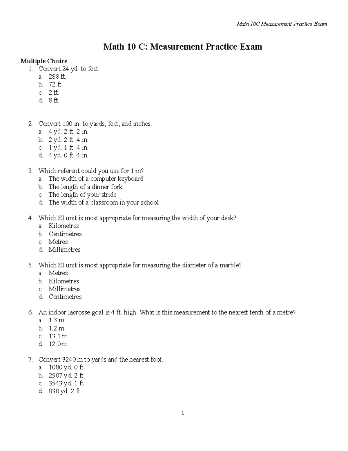 Measurement practice exam Math 10 C Measurement Practice Exam