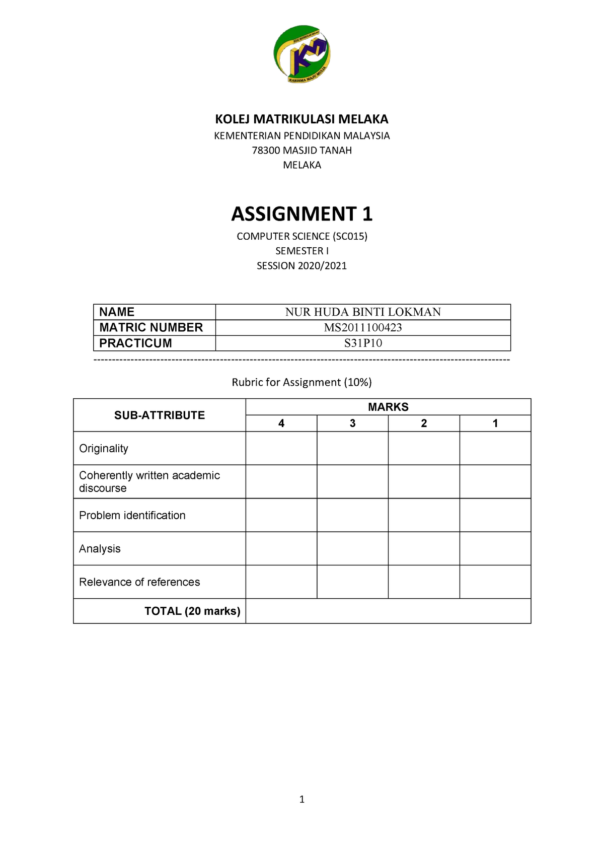 assignment science computer matriculation