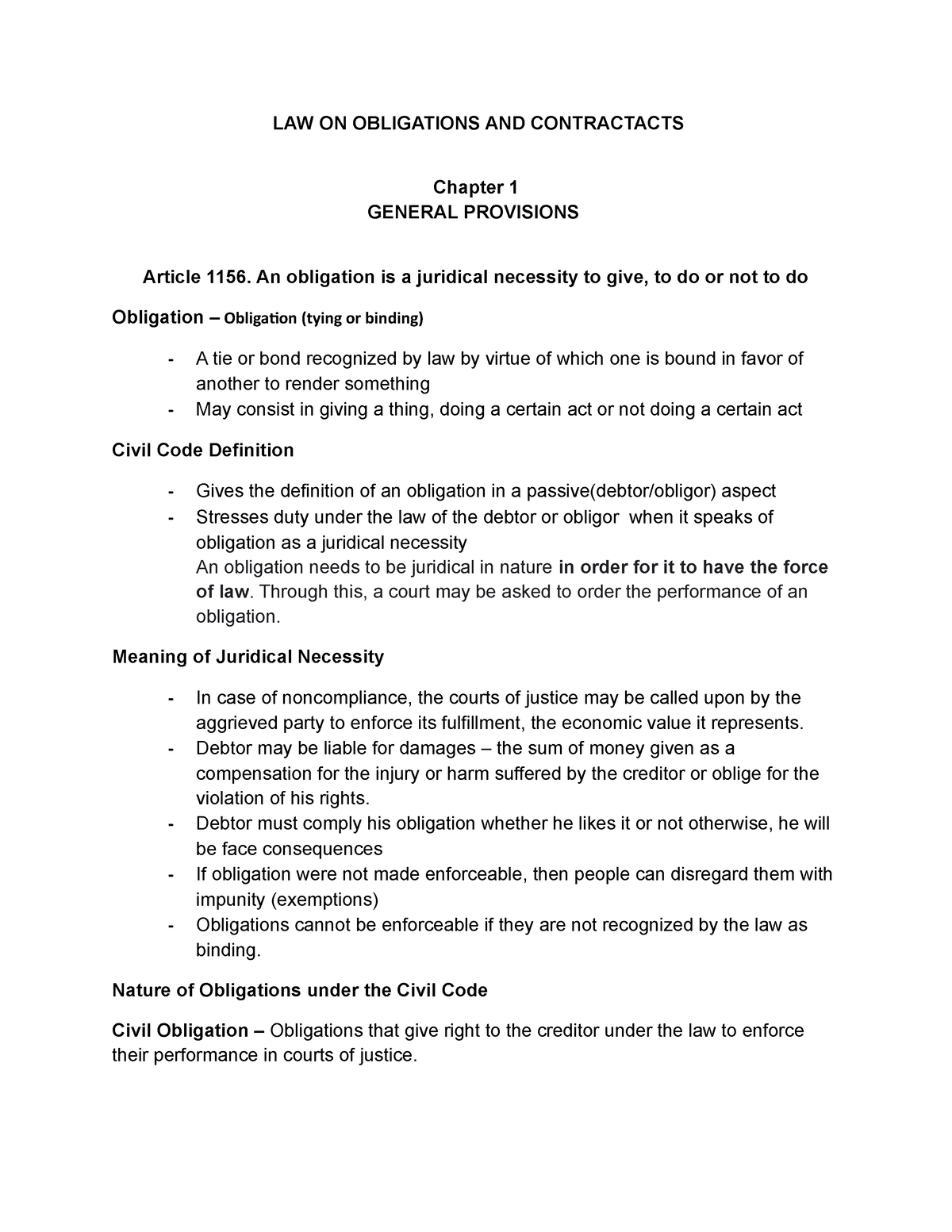 Oblicon Notes - LAW ON OBLIGATIONS AND CONTRACTACTS Chapter 1 GENERAL ...