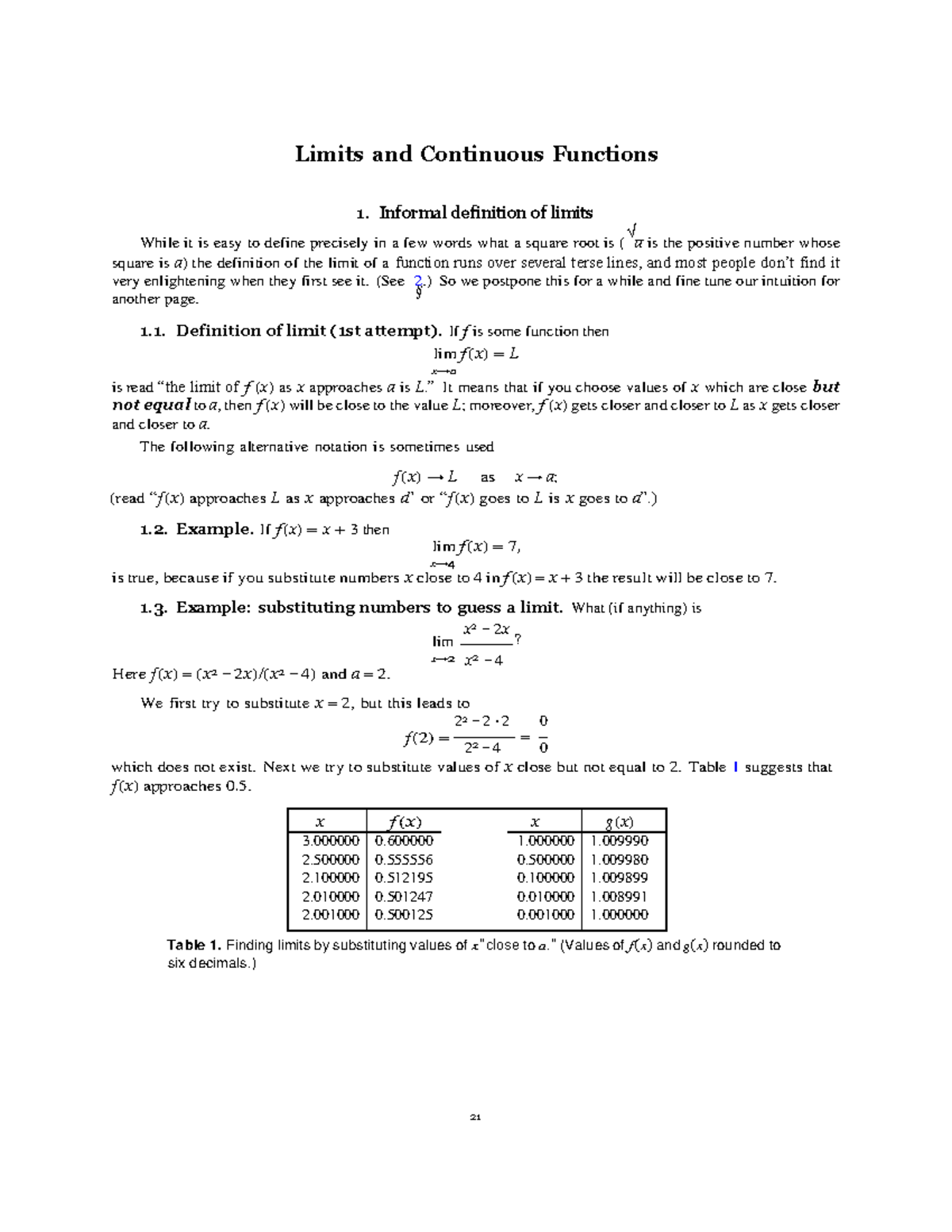 Limits And Continuous Functions Informal Definition Of Limits While It Is Easy To Define 