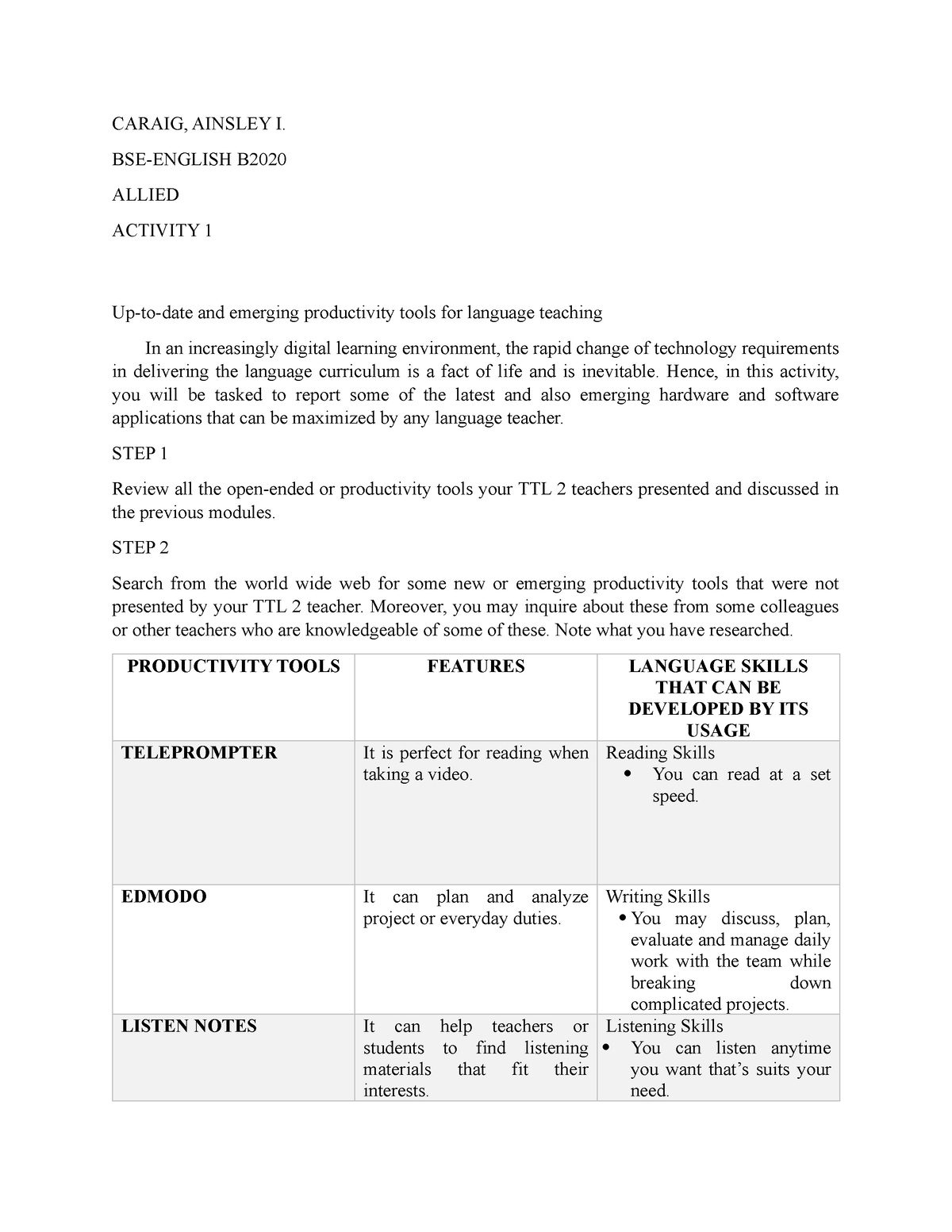 Allied ACT 1 Finals - CARAIG, AINSLEY I. BSE-ENGLISH B ALLIED ACTIVITY ...