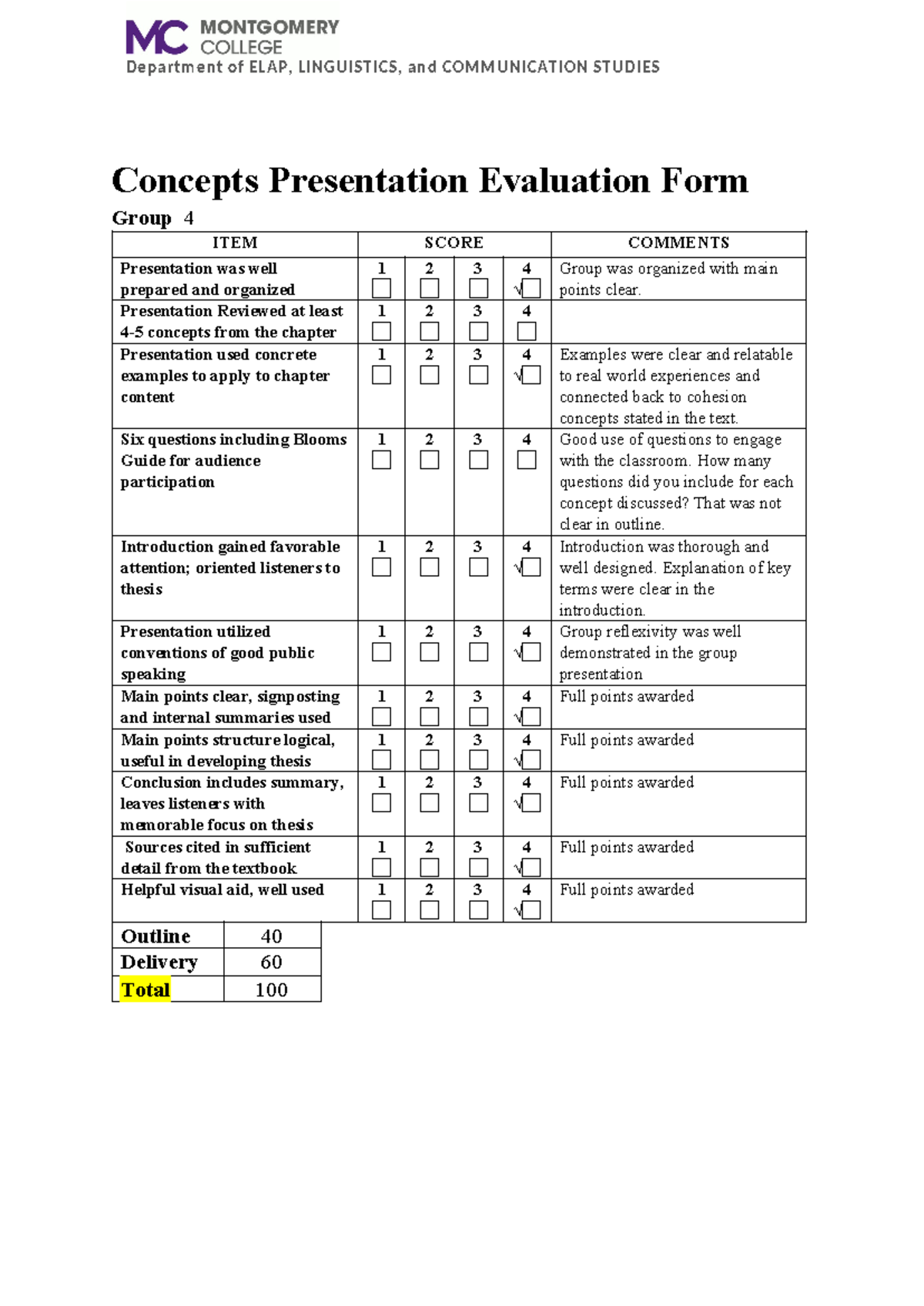 Concepts Presentation Evaluation Form - Department of ELAP, LINGUISTICS ...
