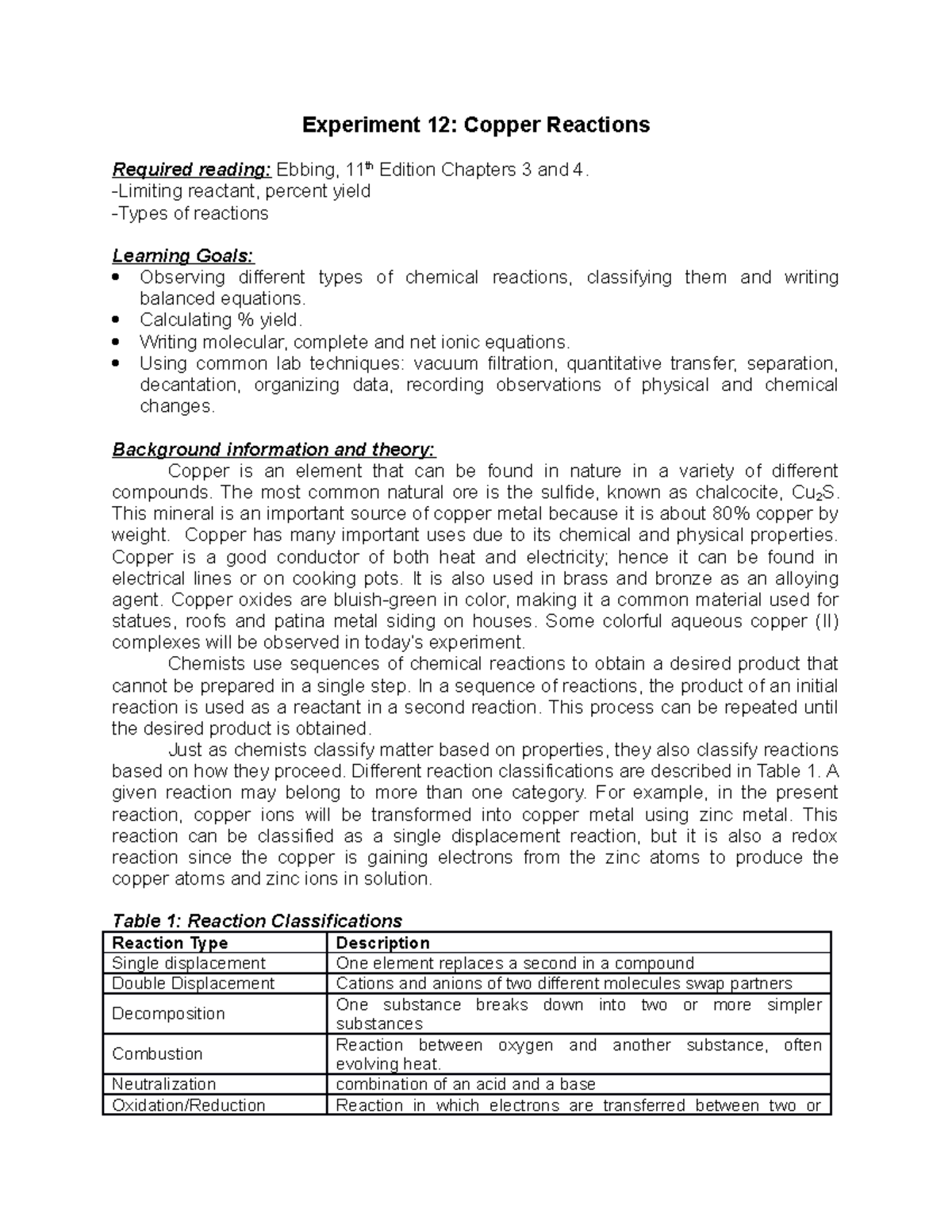 Experiment 12- Copper Reactions - Experiment 12: Copper Reactions ...