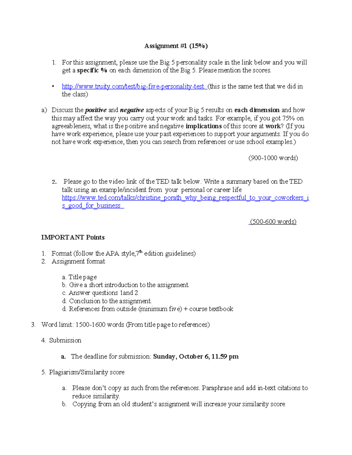 Assignment 1 Essay Assignment 1 (15) 1. For this assignment, please