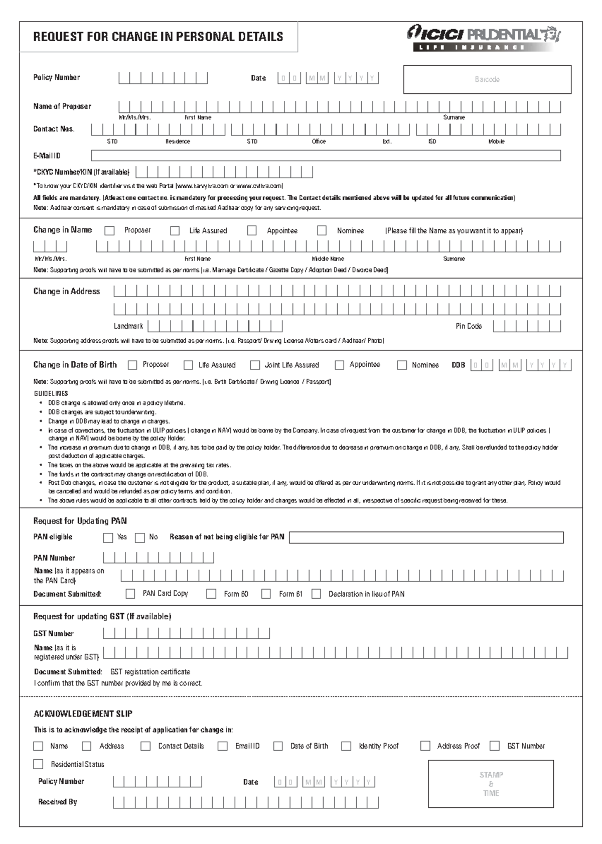 Request for change in Personal Icici Prudential - REQUEST FOR CHANGE IN ...