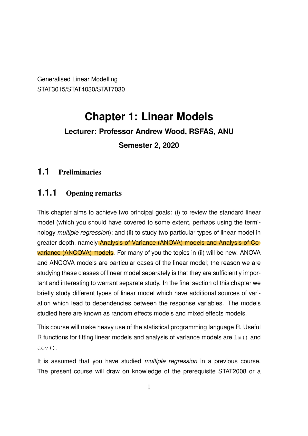 Chap 1 V9 - Lecture Notes - Generalised Linear Modelling STAT3015 ...