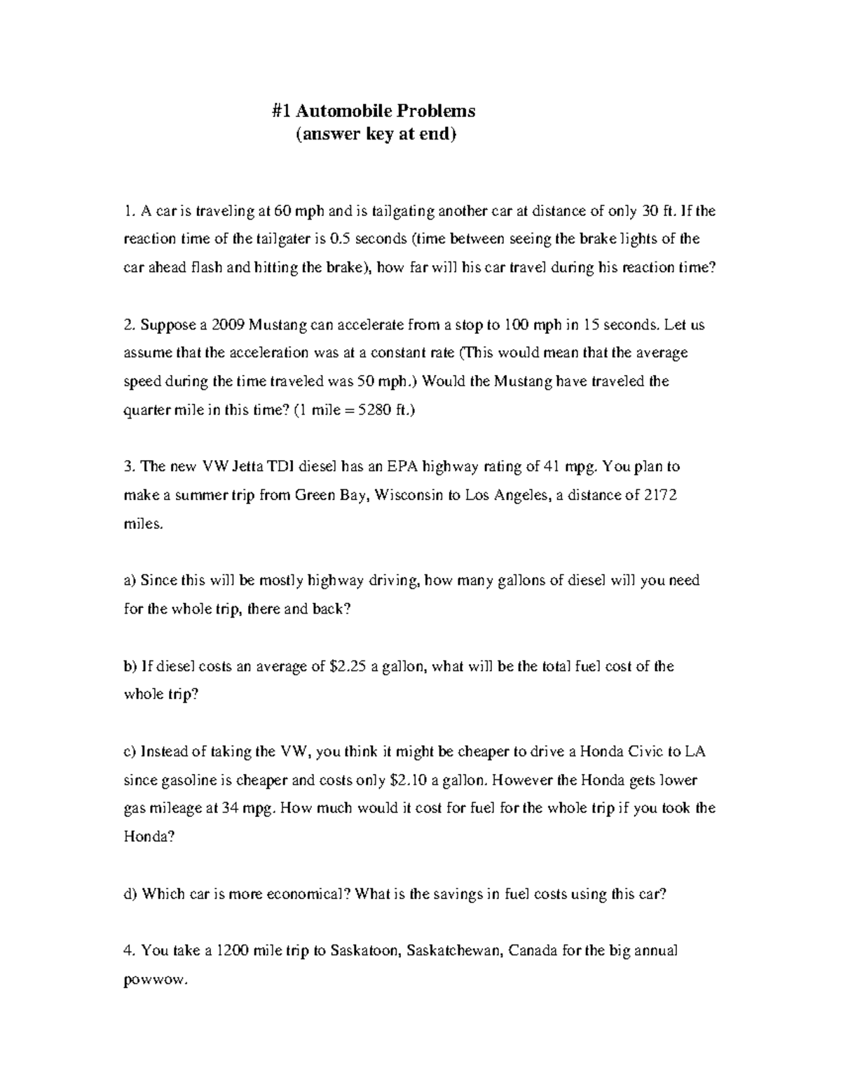 General Physics I: Auto Prob1 - #1 Automobile Problems (answer key at ...