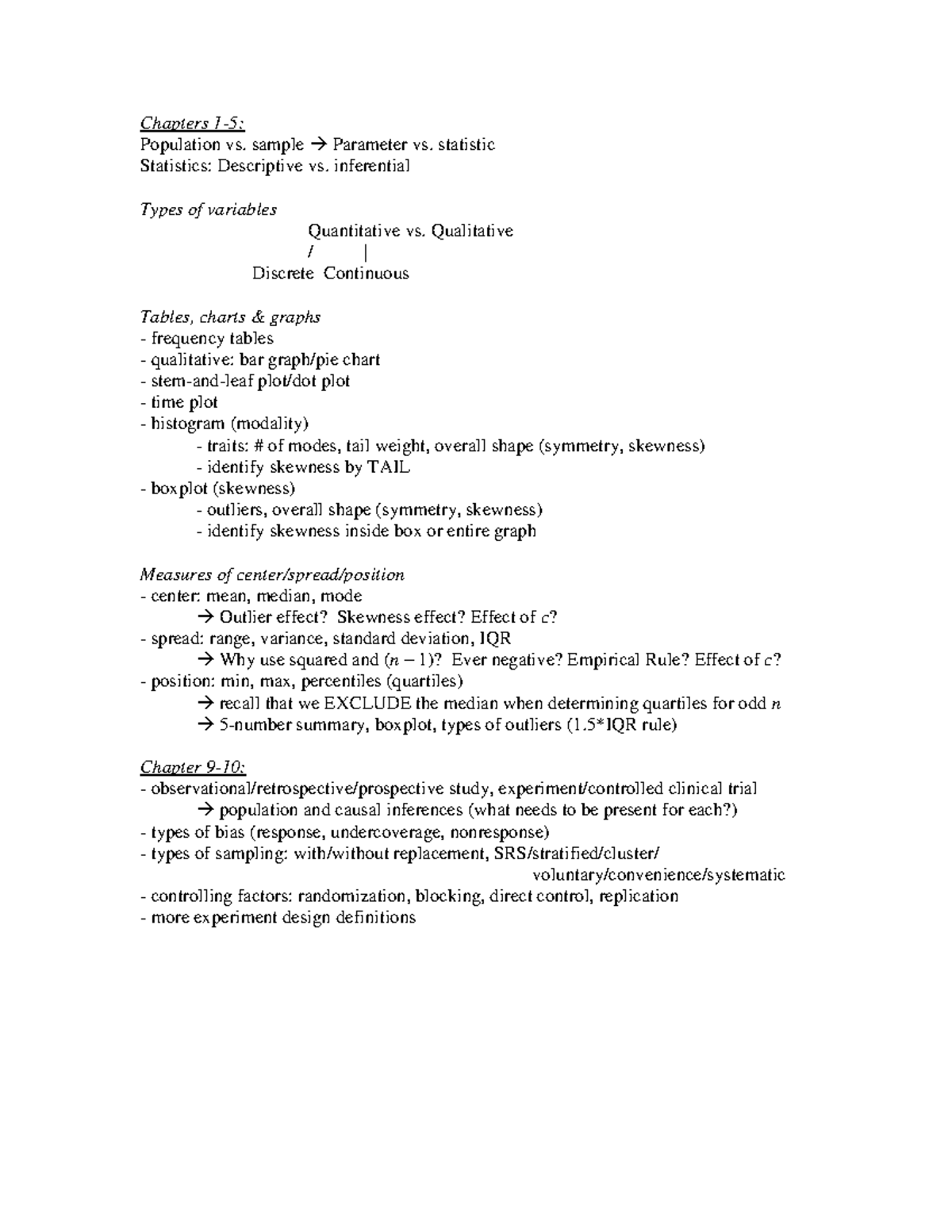 STAT 151 Midterm Review - Chapters 1-5: Population vs. sample Parameter ...