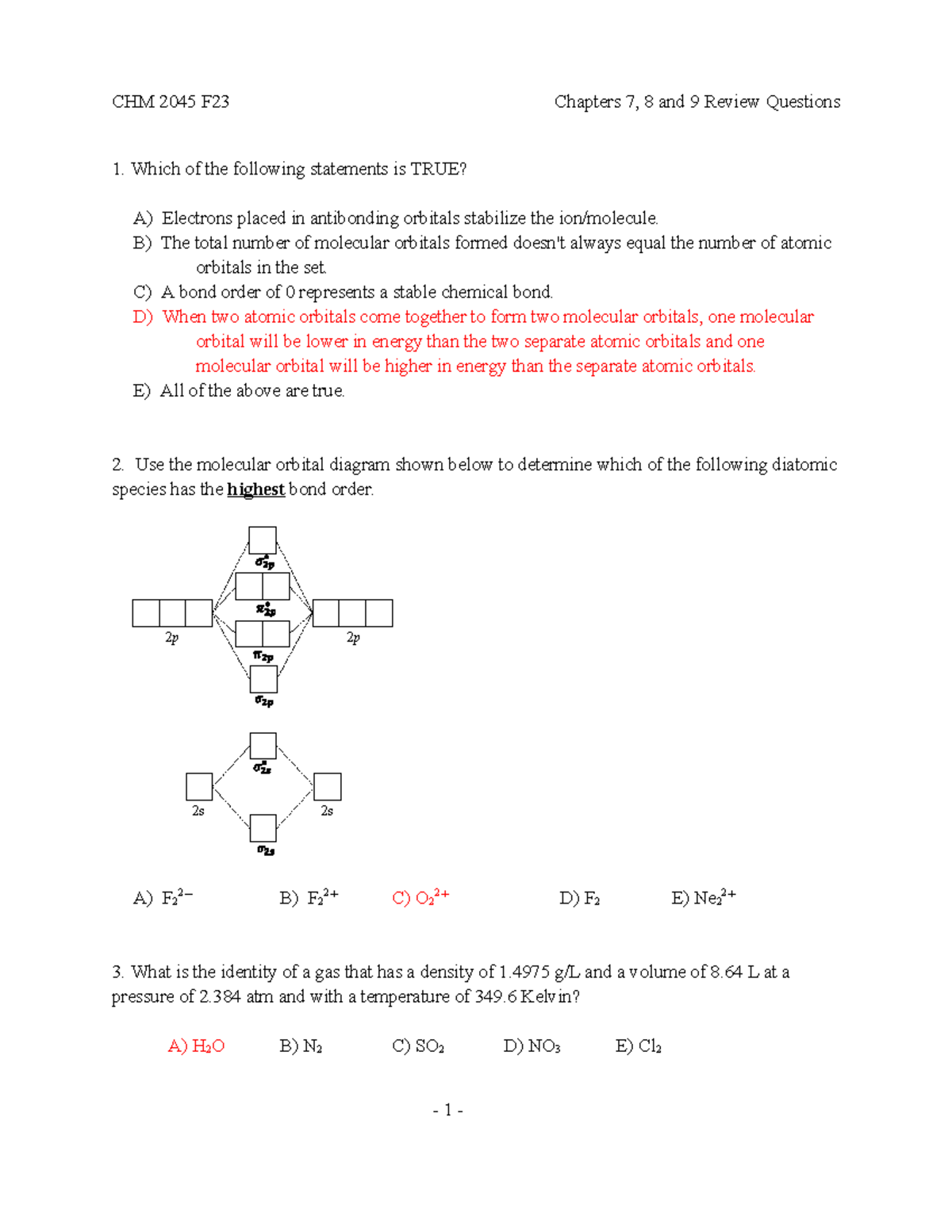 CHM 2045 Chapters 7, 8 and 9 Review Questions with Answers - Which of ...