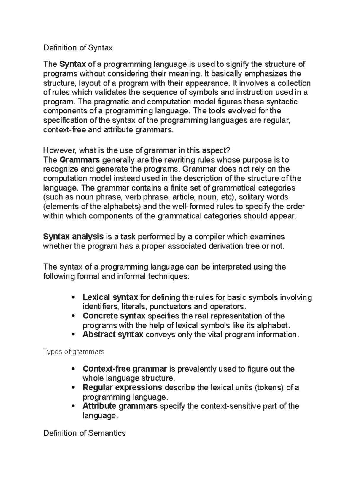 Additional Notes Week 1 - Definition of Syntax The Syntax of a ...