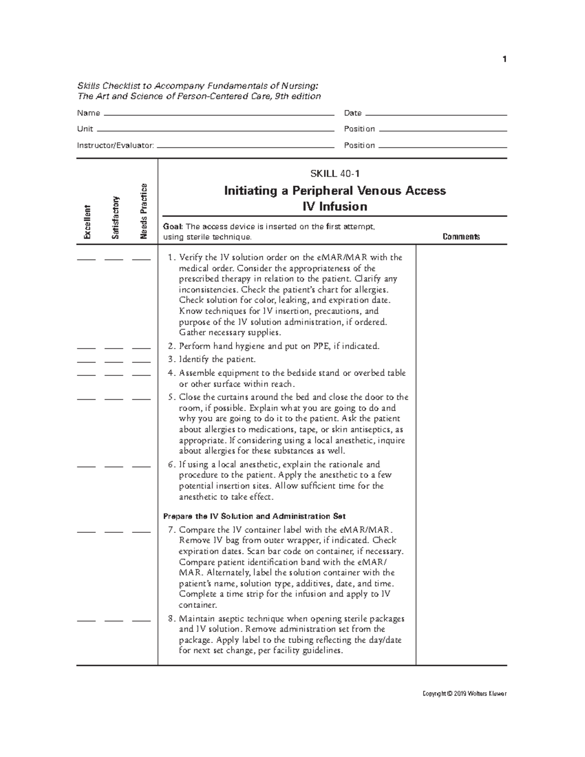 IV Access Skill - Skills Checklist to Accompany Fundamentals of Nursing ...