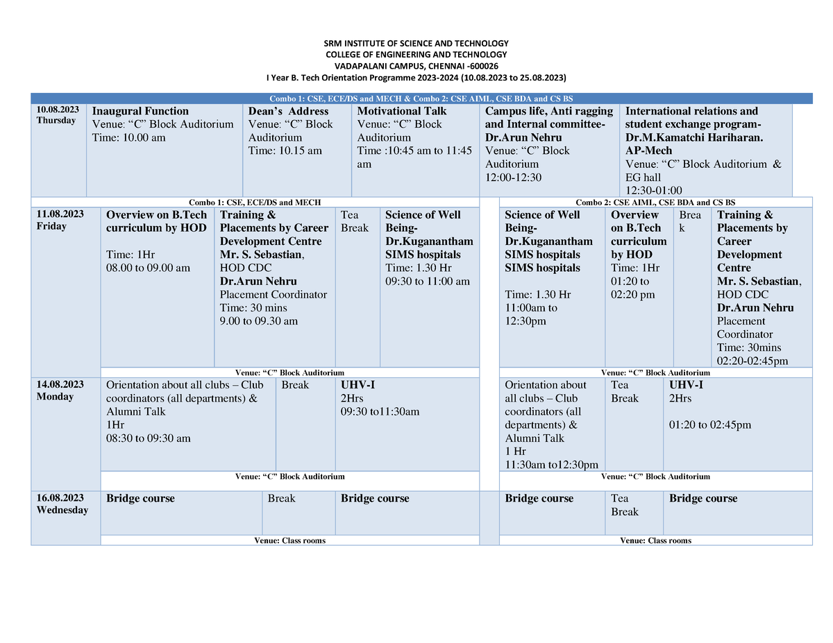 B - Schedule - SRM INSTITUTE OF SCIENCE AND TECHNOLOGY COLLEGE OF ...