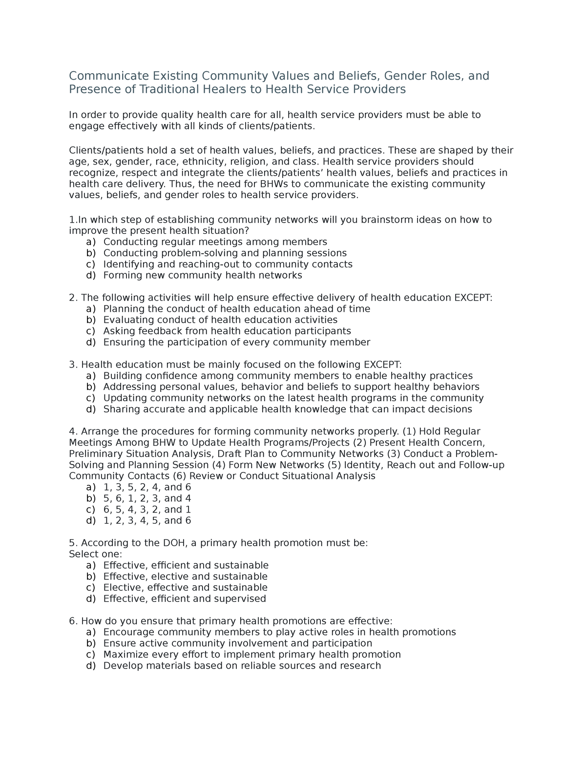 BS Nursing Final EXAM PART 3 - Communicate Existing Community Values ...