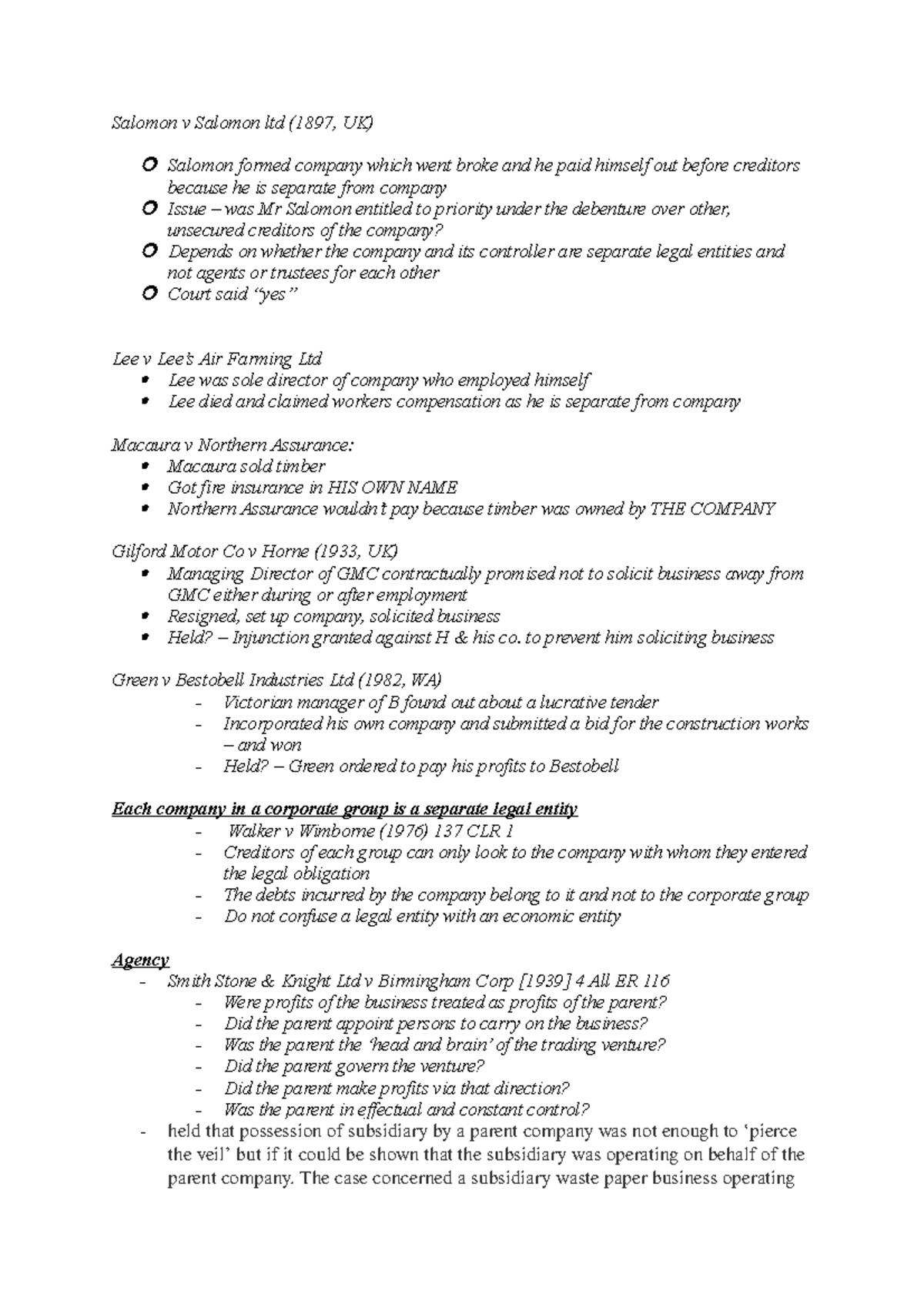 Case summary topic 1 - 4 - Salomon v Salomon ltd (1897, UK) Salomon ...