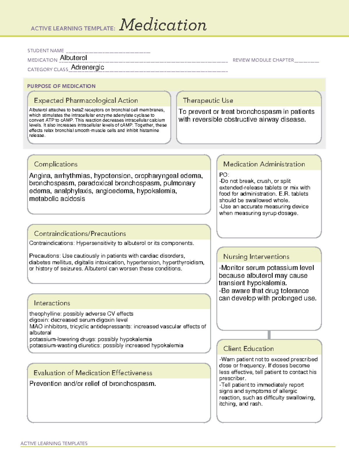 ATI Albuterol - ACTIVE LEARNING TEMPLATES Medication STUDENT NAME - Studocu