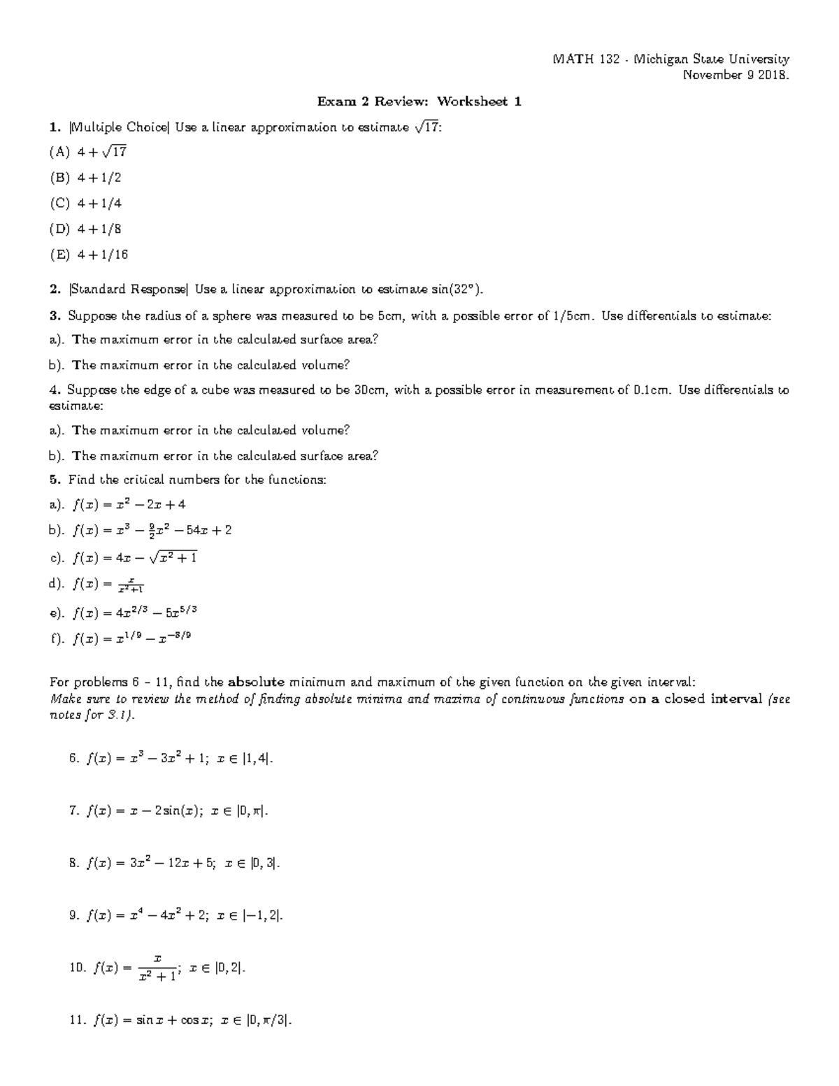 M132-Exam2Review-Wksht 1 - MATH 132 Michigan State University November ...