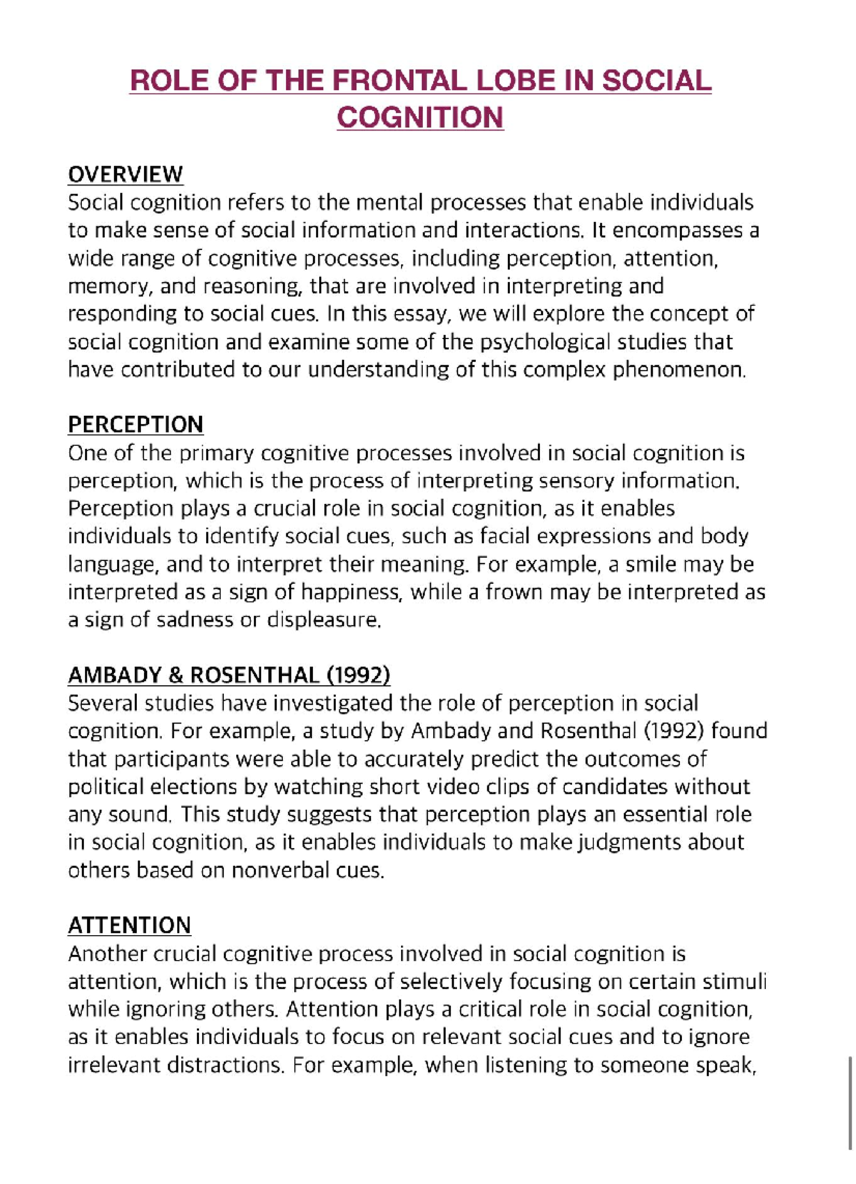 Summary: Role of the Frontal Lobe in Social Cognition - 8640 - Studocu