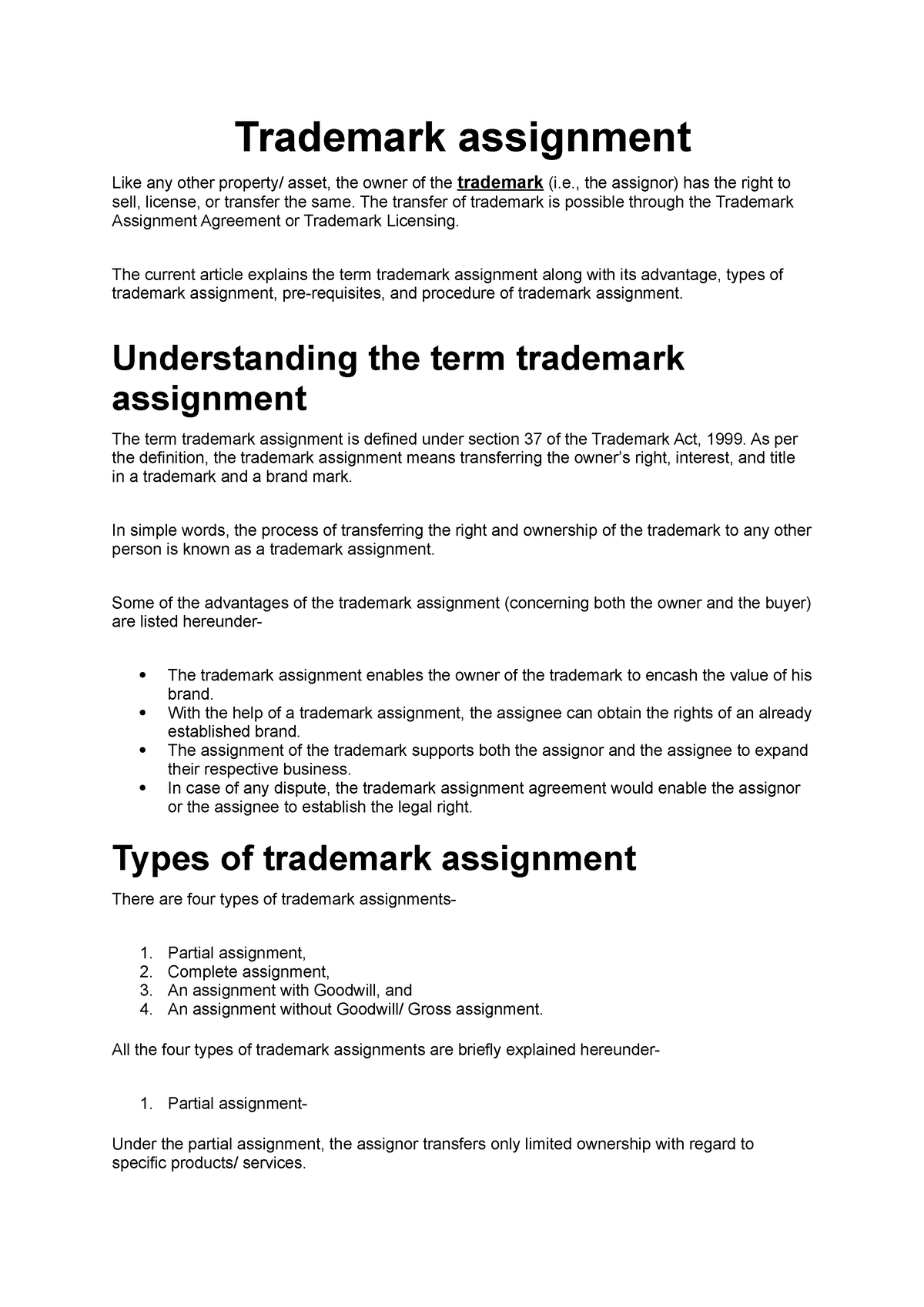 trademark assignment without consideration