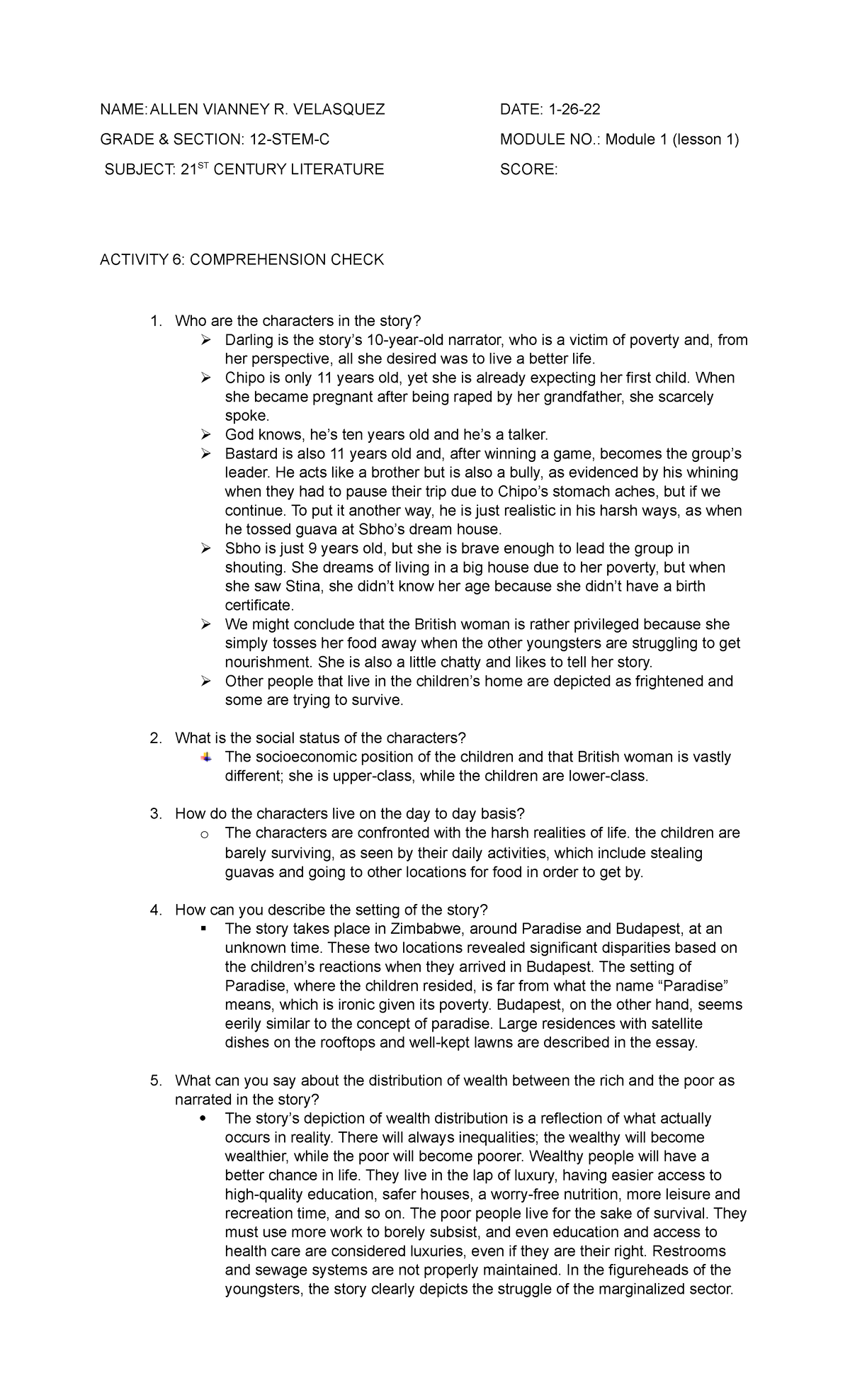 Allen 21st century literature answers - NAME: ALLEN VIANNEY R ...