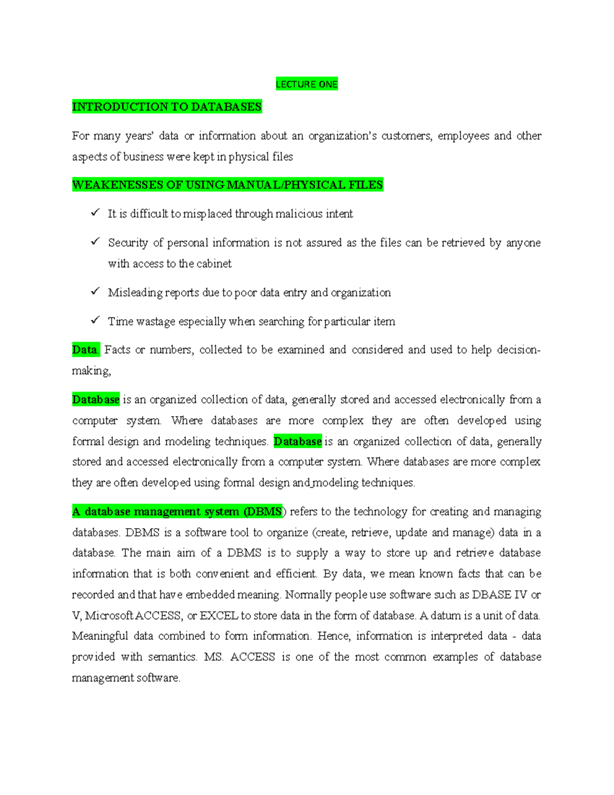 Lecture 1 - They explain about Dtabase 1 - LECTURE ONE INTRODUCTION TO ...