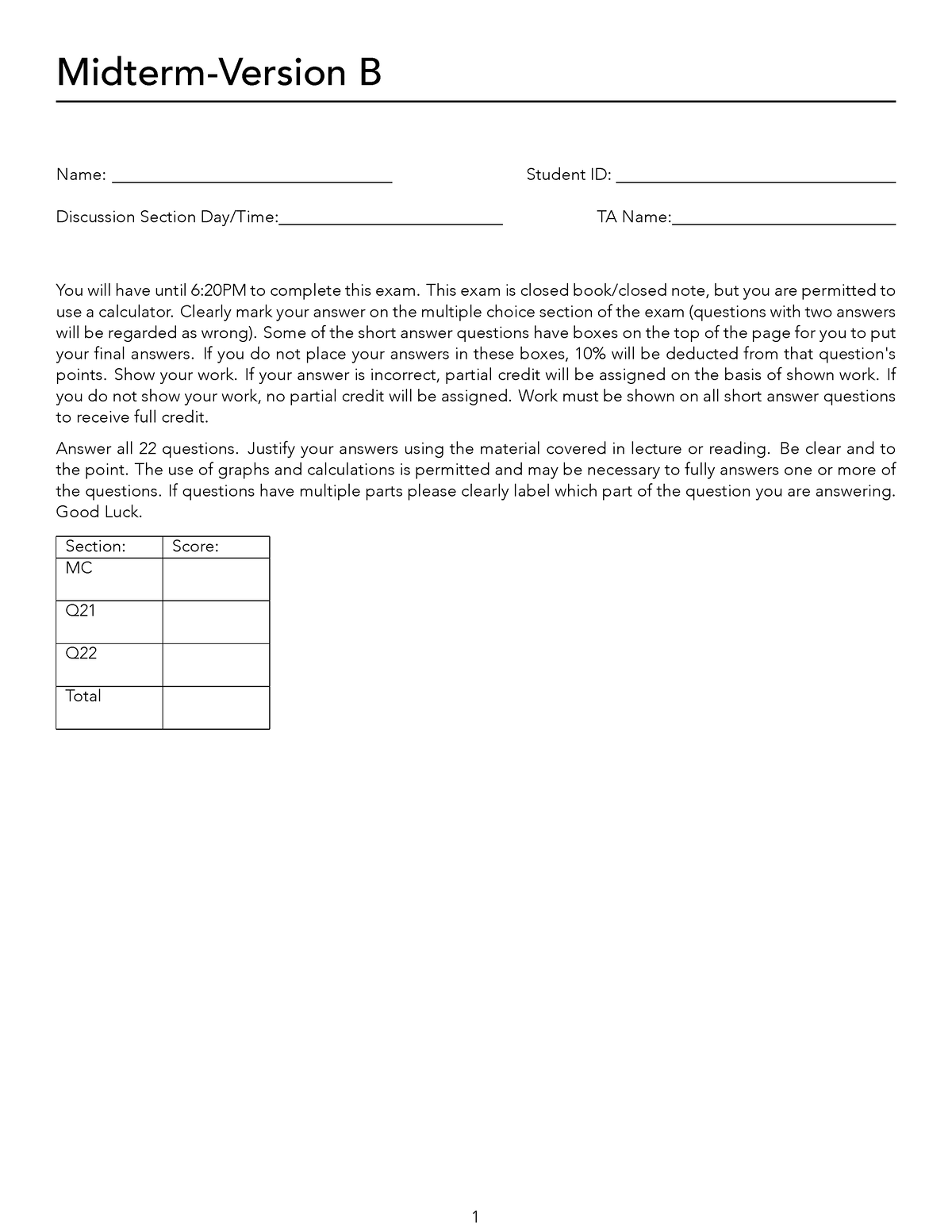 Midterm 1-AK B - Midterm-Version B Name: Student ID: Discussion Section ...