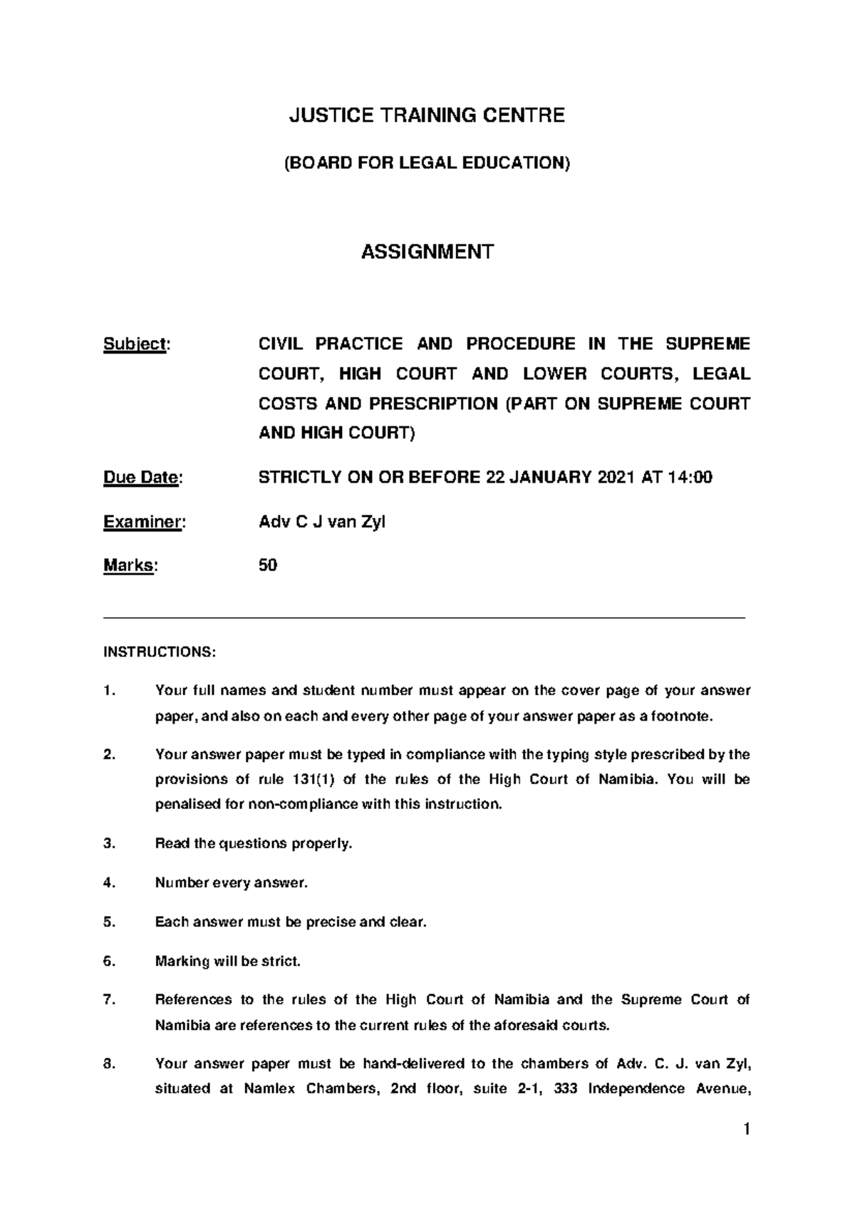 Assignment Civil Procedure High & Supreme Court December 2020 V1 ...
