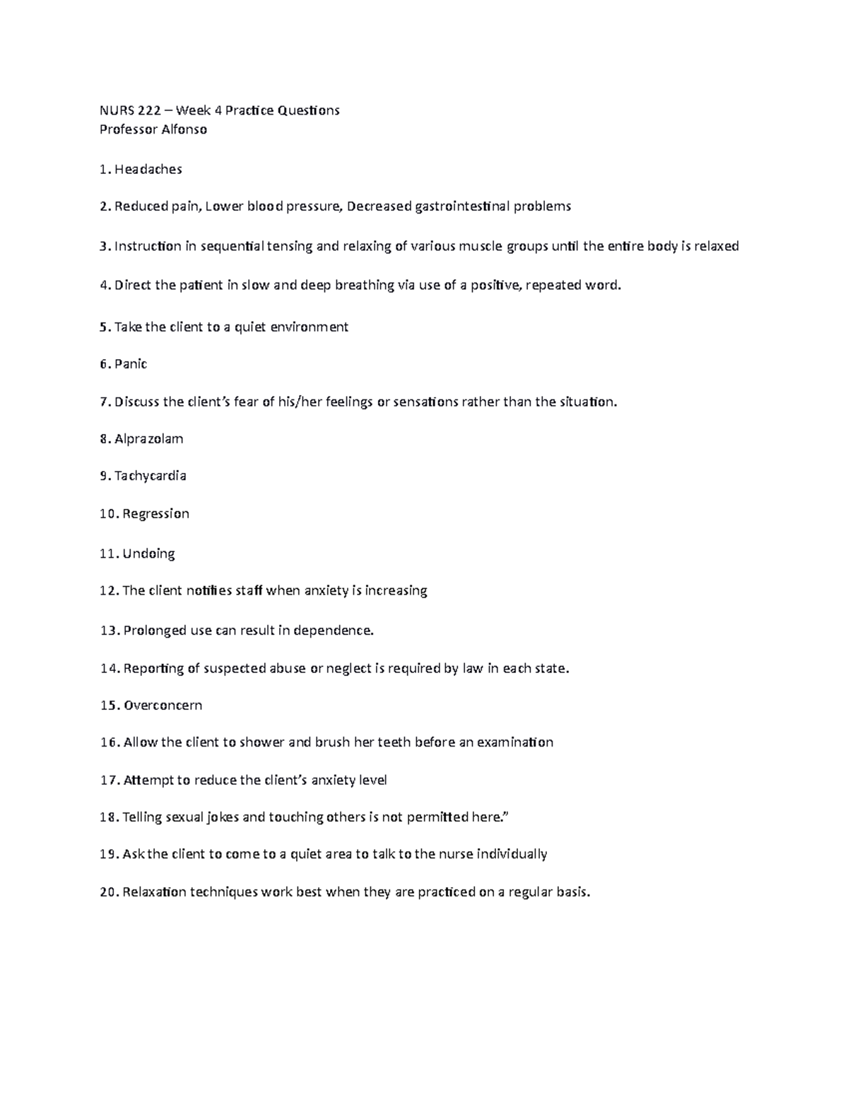 Week 4 Answers - notes - NURS 222 – Week 4 Practice QuestionsProfessor ...