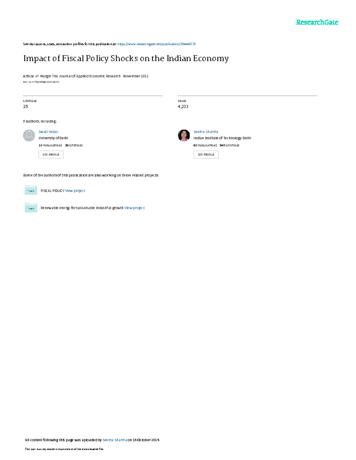 Impact of Fiscal Policy Shocks on the Indian Econo - See discussions ...