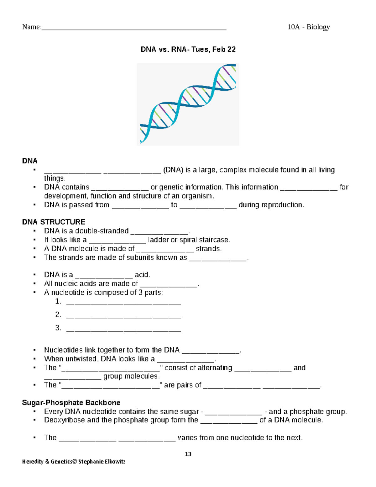 10A DNA and RNA Guided Notes DNA vs. RNA Tues, Feb 22 DNA