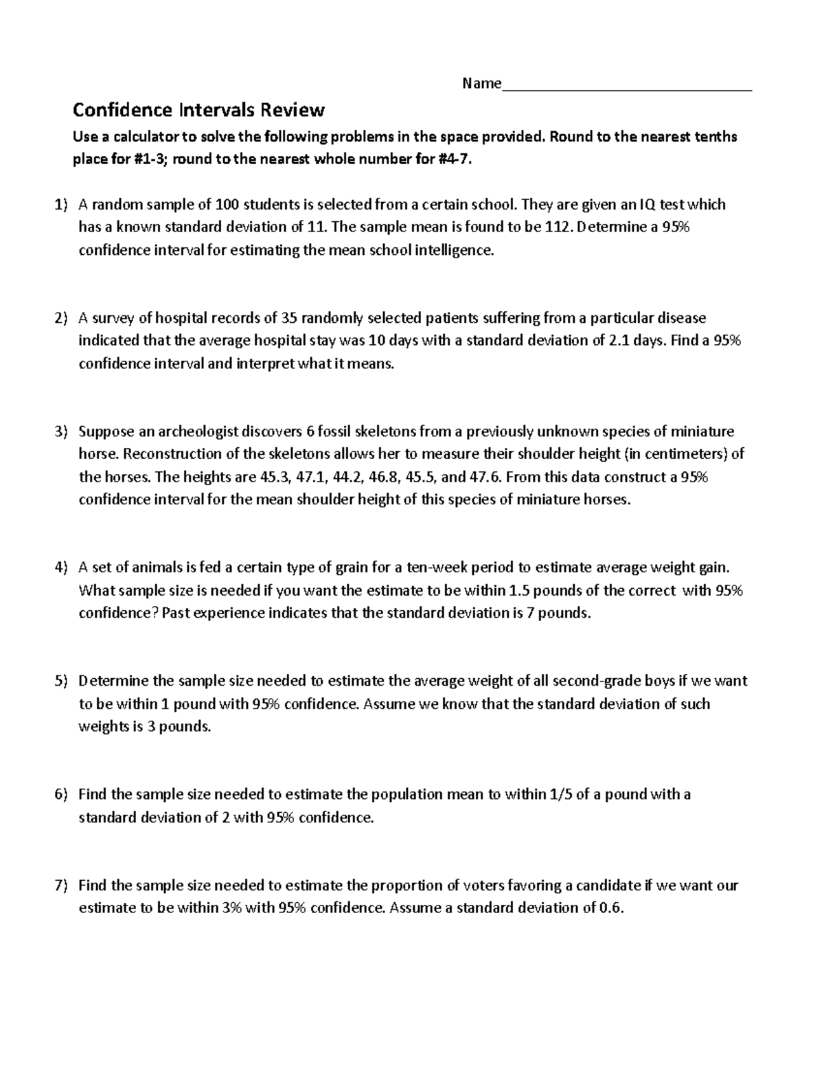 Confidence Intervals Review-2 - Name ...