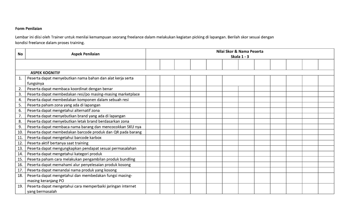 Form Penilaian Secara Langsung Form Penilaian Lembar Ini Diisi Oleh Trainer Untuk Menilai 4182