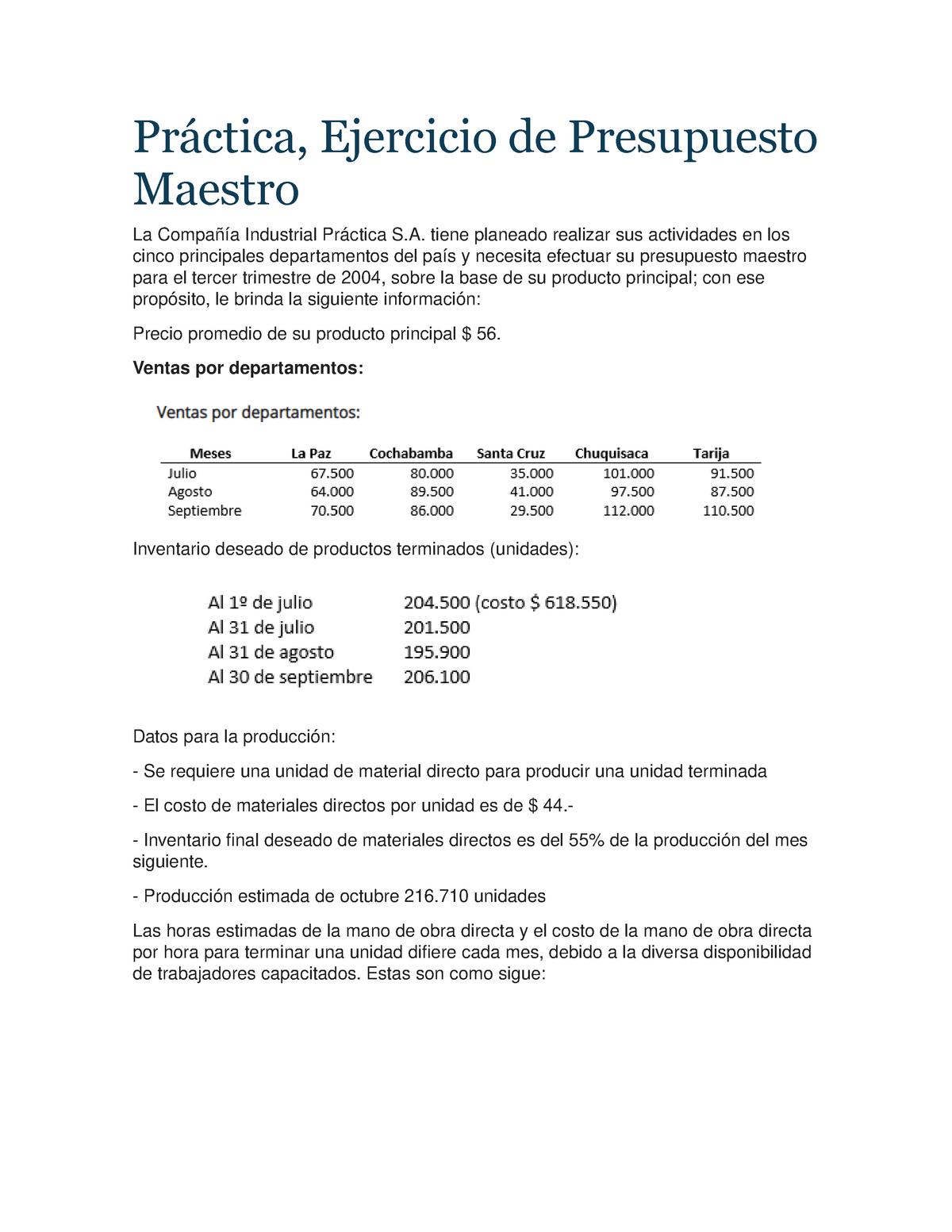 Ejercicio Explicativo Práctica Ejercicio De Presupuesto Maestro La Compañía Industrial 0245