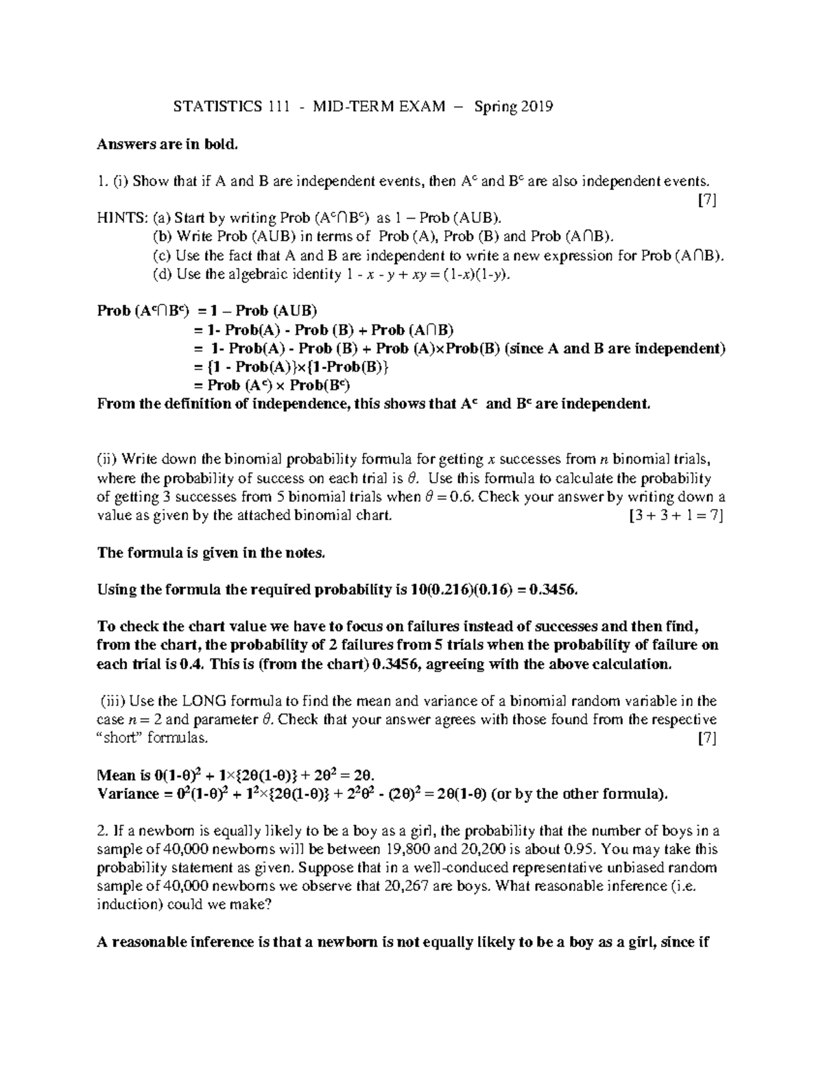 Midterm 2019 Spring Answerkey - STATISTICS 111 - MID-TERM EXAM – Spring ...