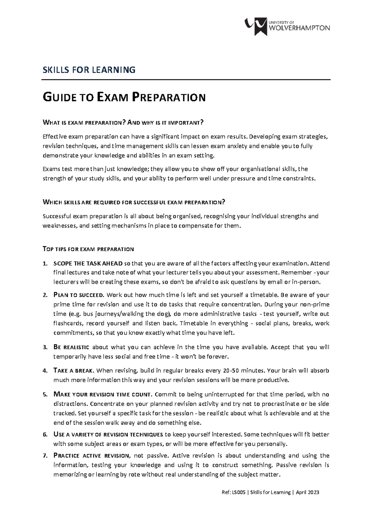 Guide to Exam Preparation - Ref: LS005 | Skills for Learning | April ...