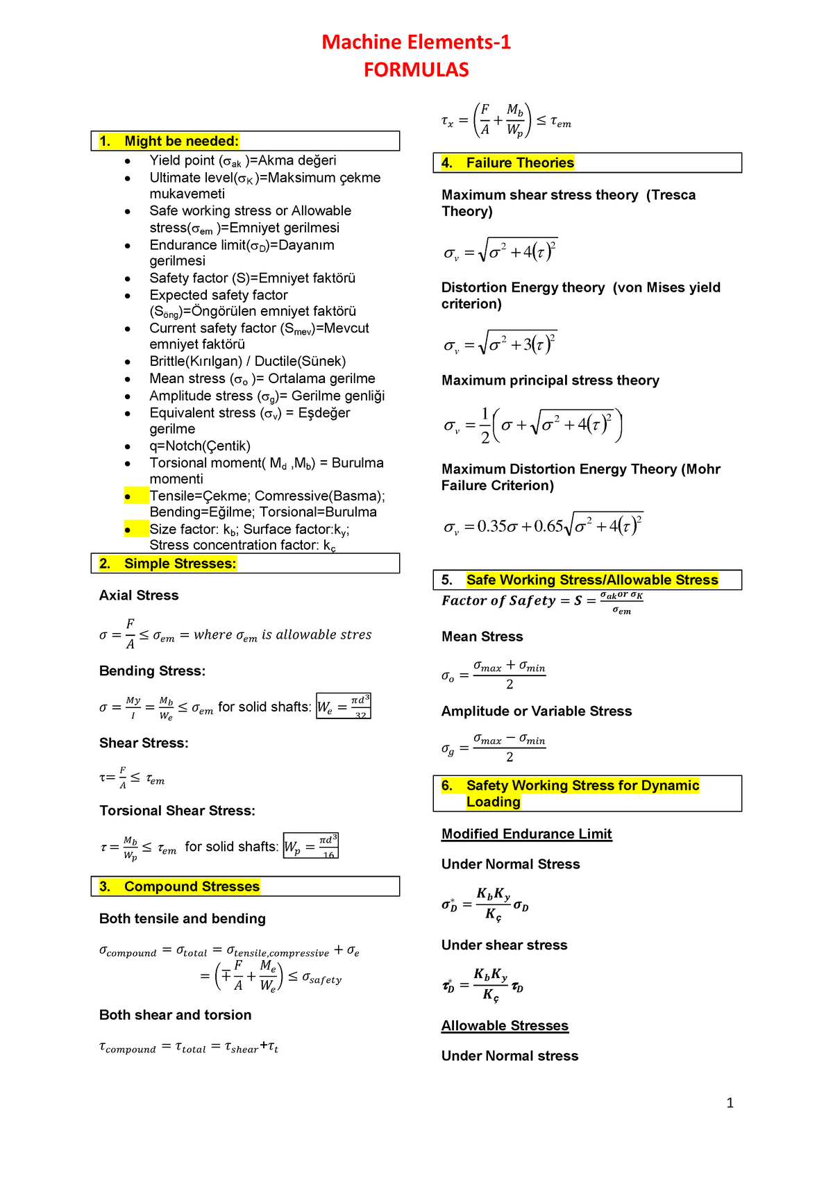 Mac El-1 Formul all - FORMULAS Might be needed: Yield point ( ak )=Akma ...