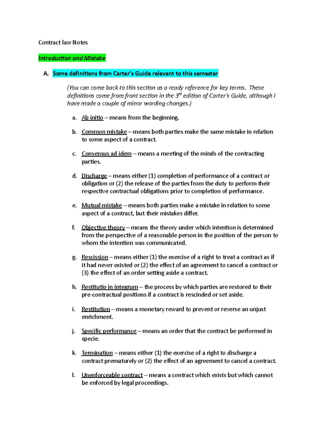 Contract Law Notes - LAWS1015 - USyd - Studocu