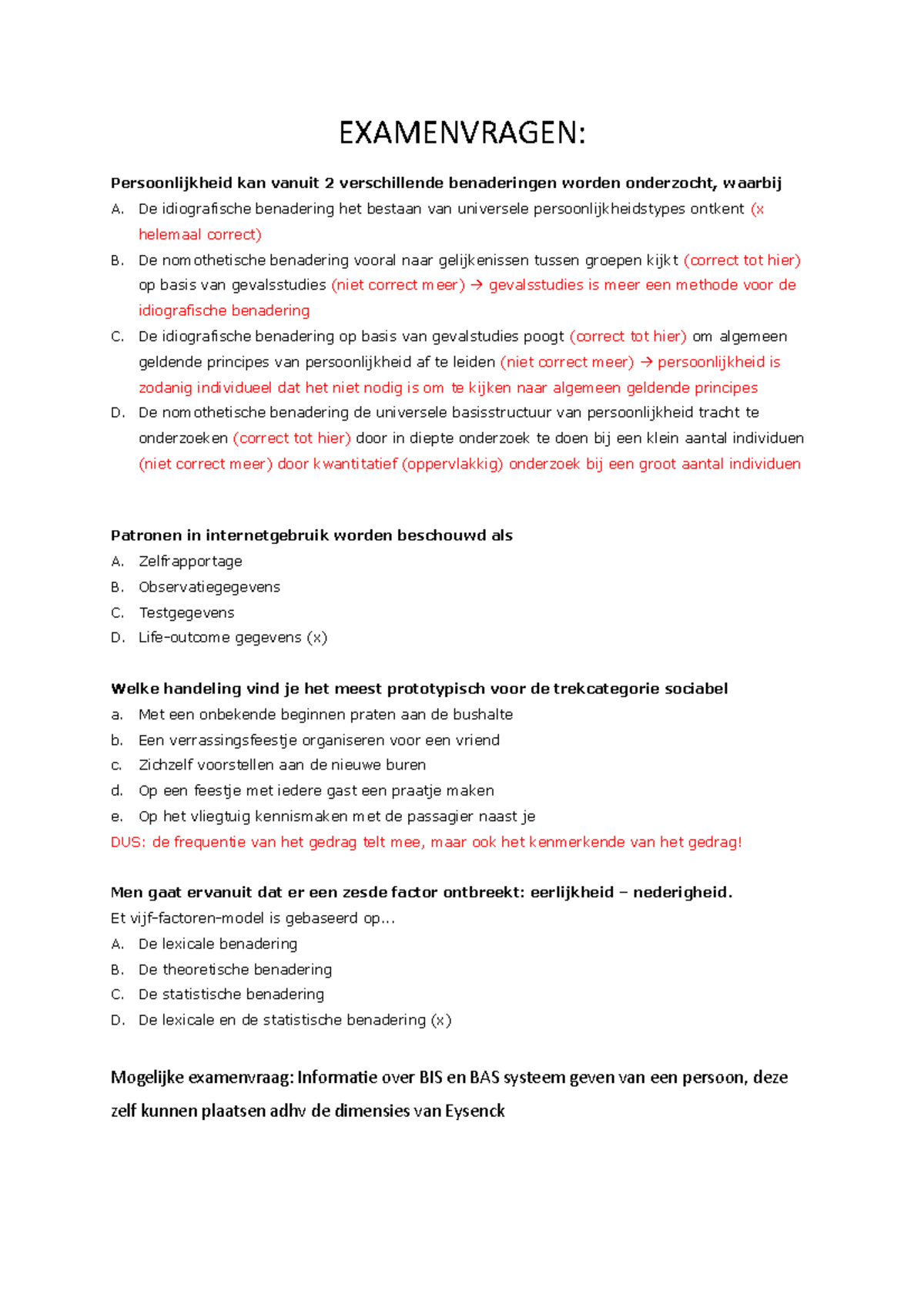 Examenvragen Persoonlijkheidspsychologie - EXAMENVRAGEN ...