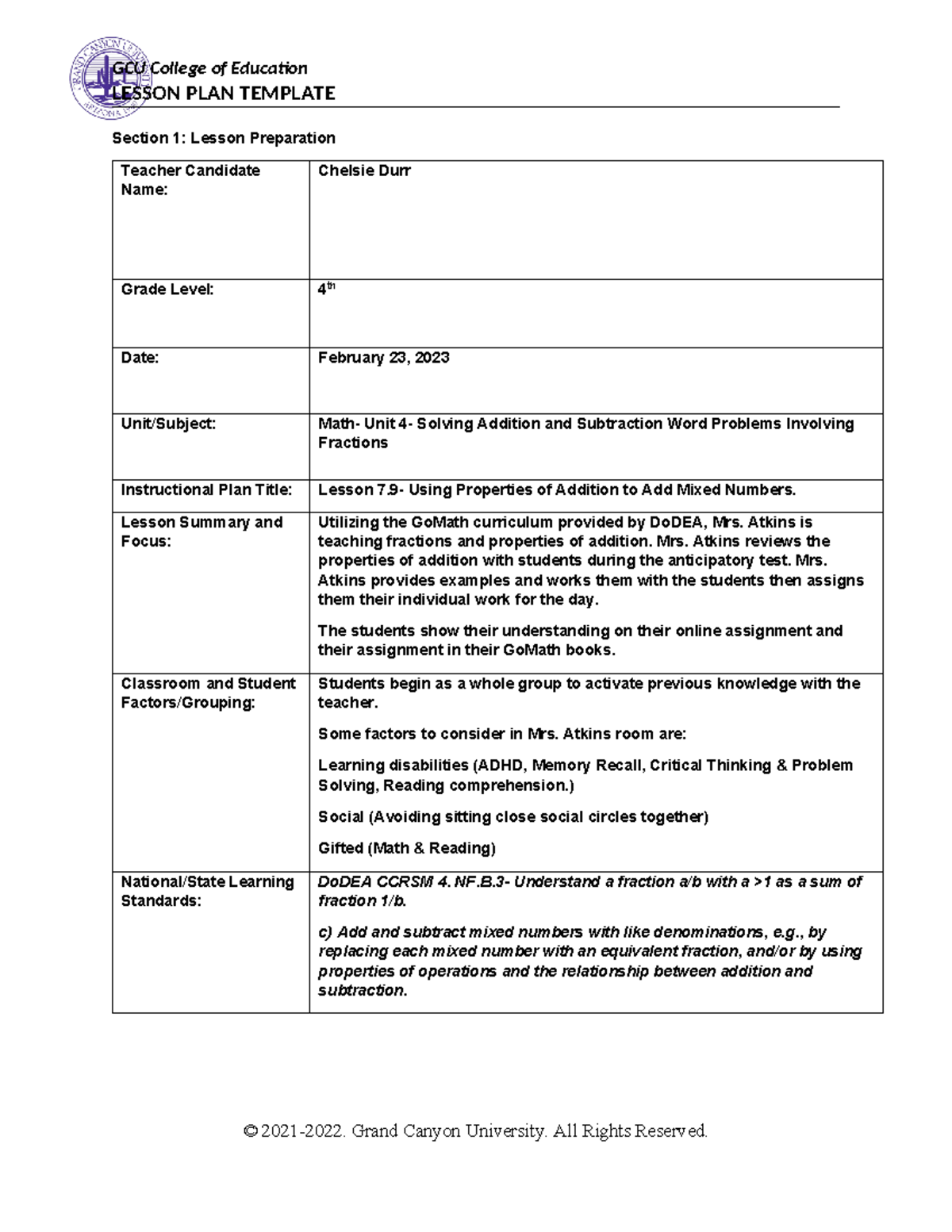Lesson Plan ELM210 - LESSON PLAN TEMPLATE Section 1: Lesson Preparation ...