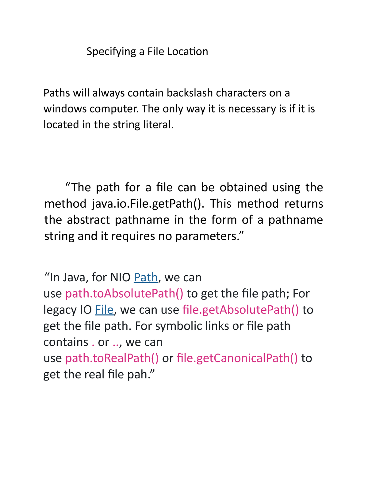 Java Programming 1 - Java Notes - Specifying a File Location Paths will ...