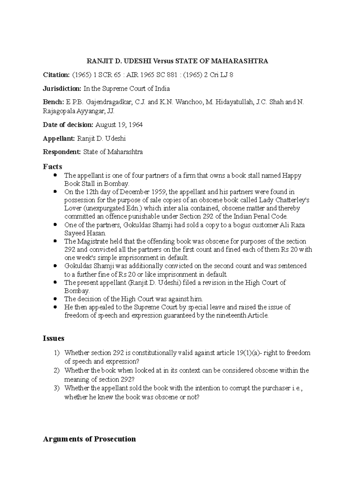 Ranjit D. Udeshi Versus State OF Maharashtra- 1 - RANJIT D. UDESHI ...