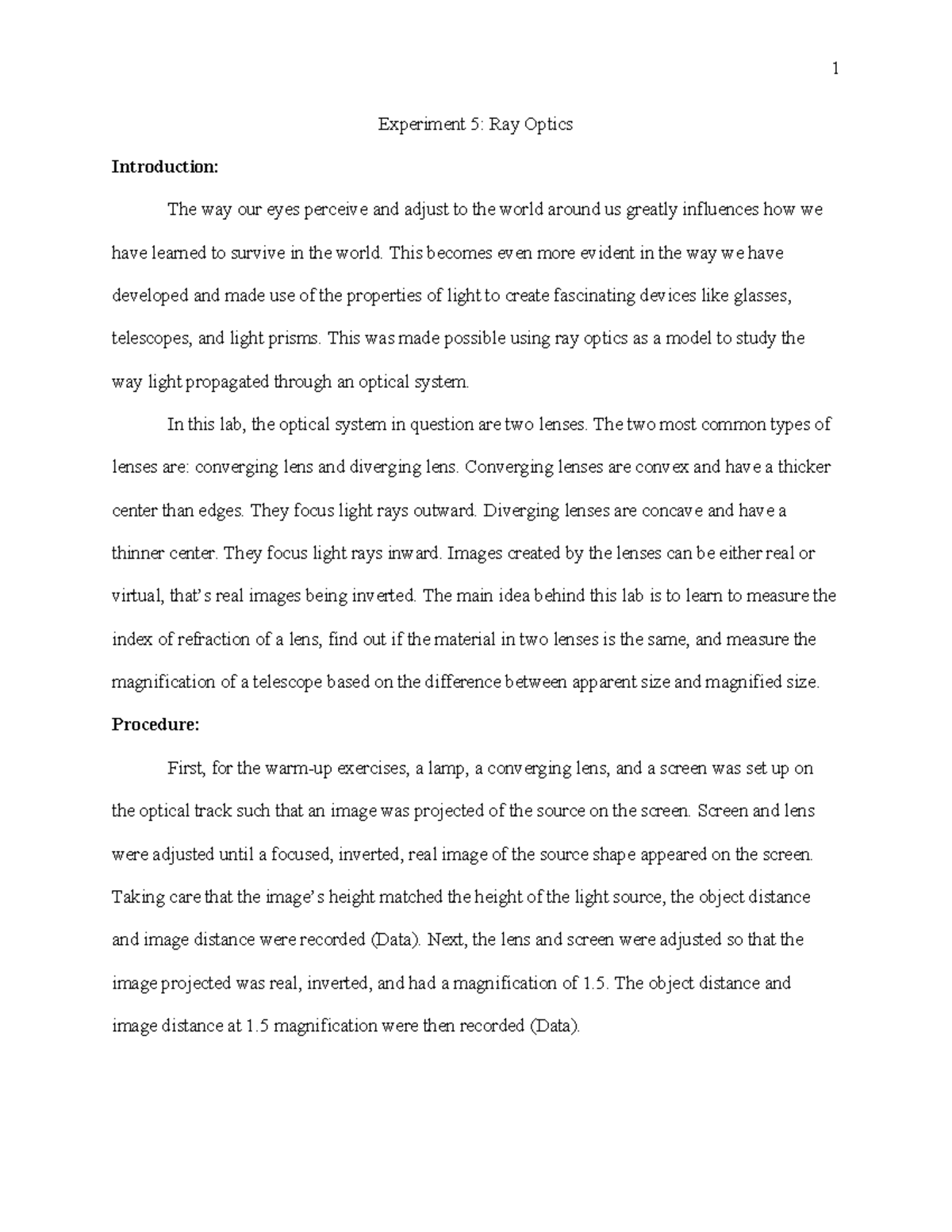 Lab Report 5 Ray Optics Lab Report Experiment 5 Ray Optics
