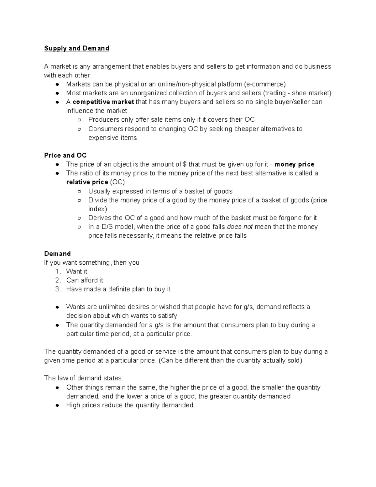 Chapter 3 Econ 1021 - Textbook Notes - Supply and Demand A market is ...