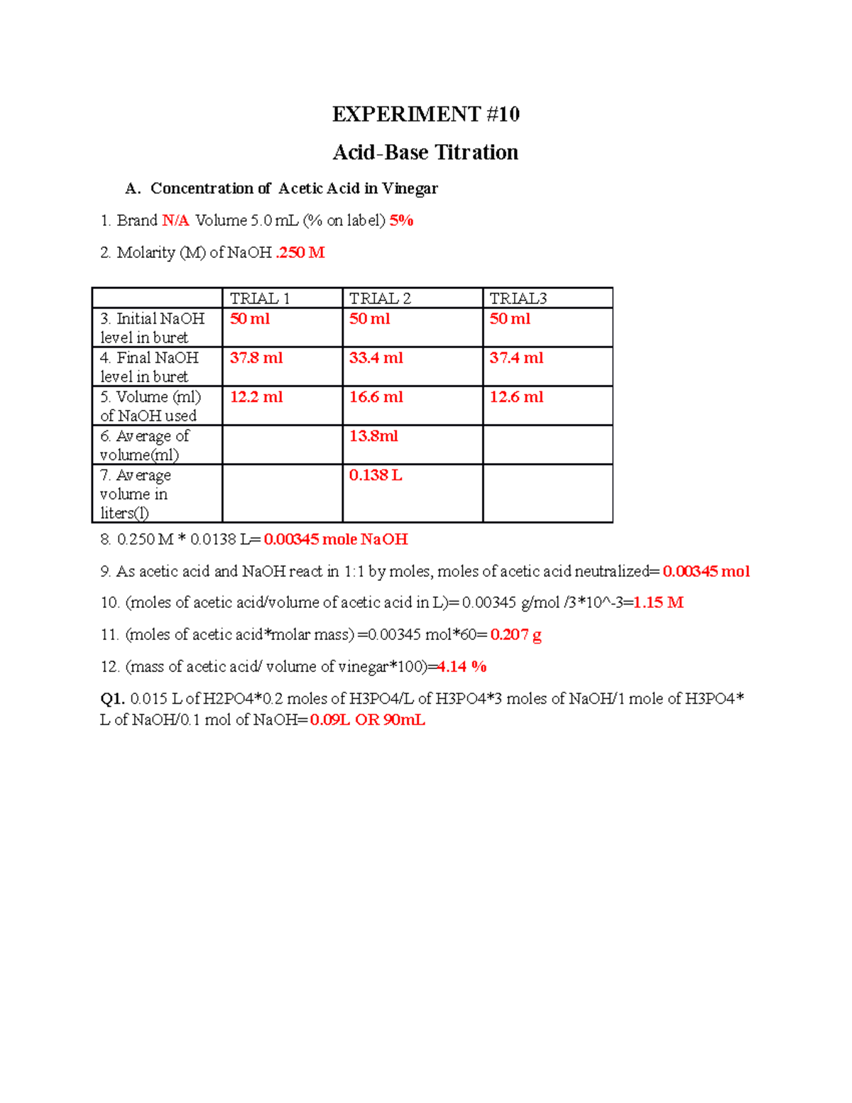 Experiment 10 Laboratory reports for certain chapters EXPERIMENT