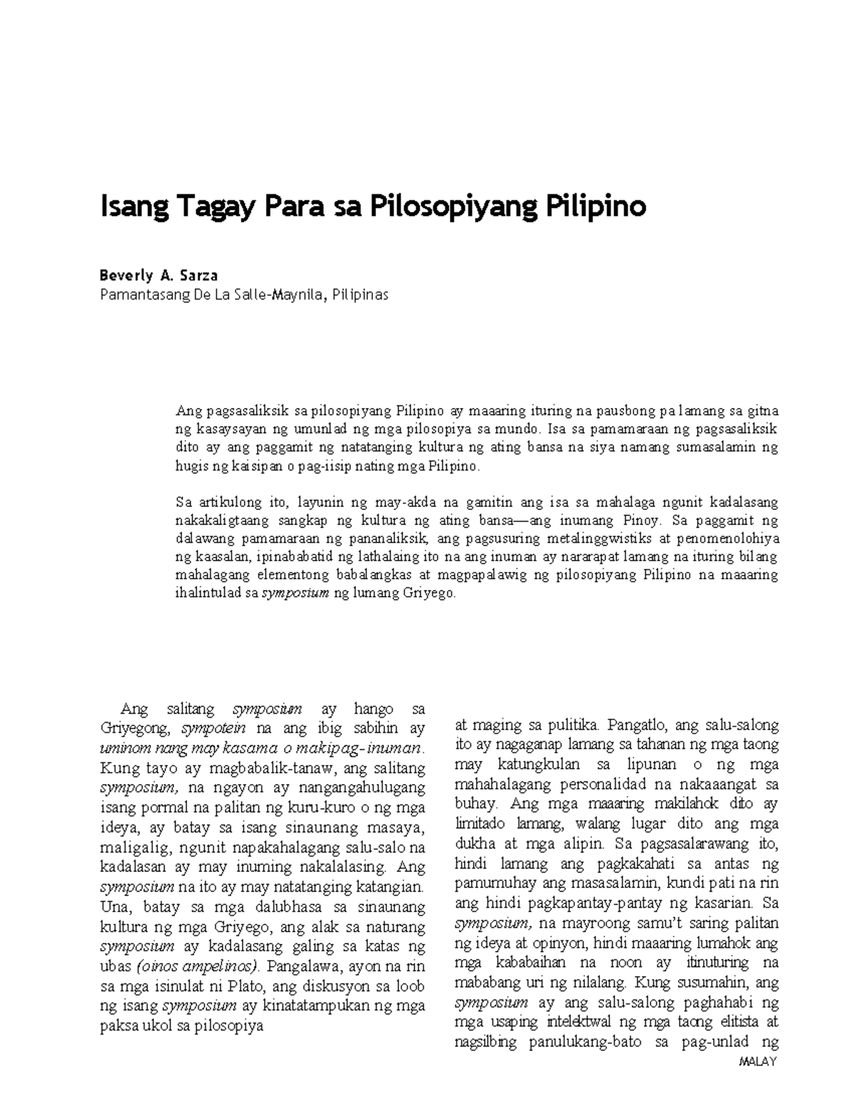 Isang Tagay Para sa Pilosopiyang Pilipino - ISANG TAGAY PARA SA ...