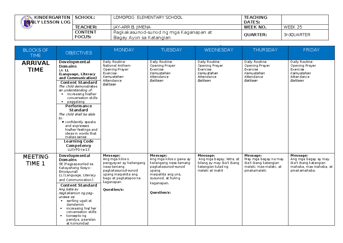 Q3 WEEK 25- MELC Based - KINDERGARTEN DAILY LESSON LOG SCHOOL: LOMOPOG ...