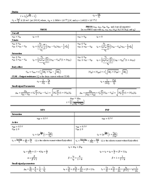 Formula Sheet 331 - Diodes 𝐼 = 𝐼𝑆 (𝑒 𝑣𝑑 𝑛𝑉𝑇 − 1) 𝑟𝐷