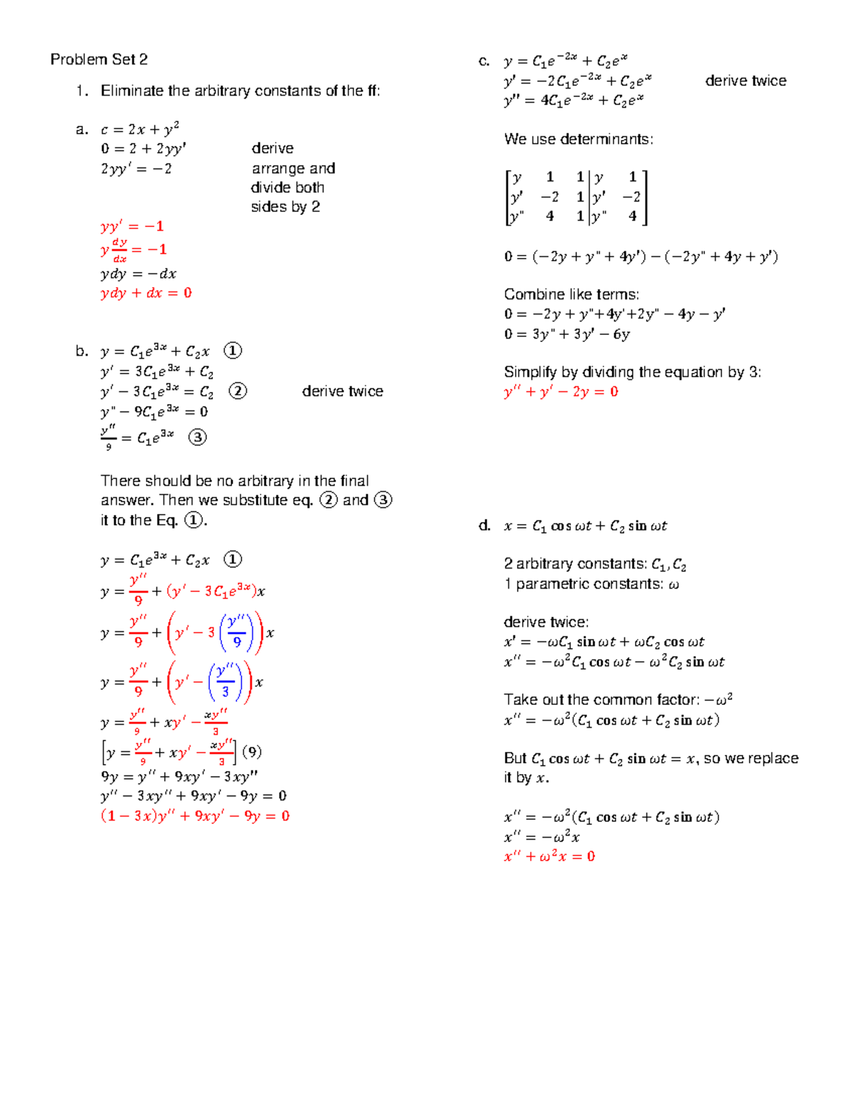 Problem Set 2 with answers 1 - Problem Set 2 Eliminate the arbitrary ...