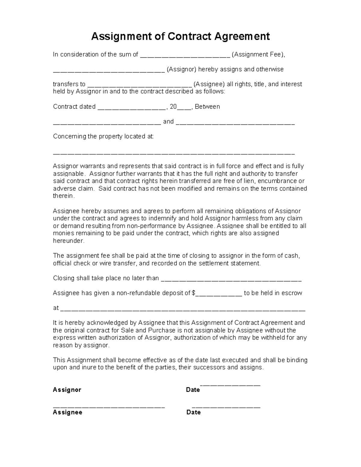 Whole Sale Assignment - Assignment of Contract Agreement In ...