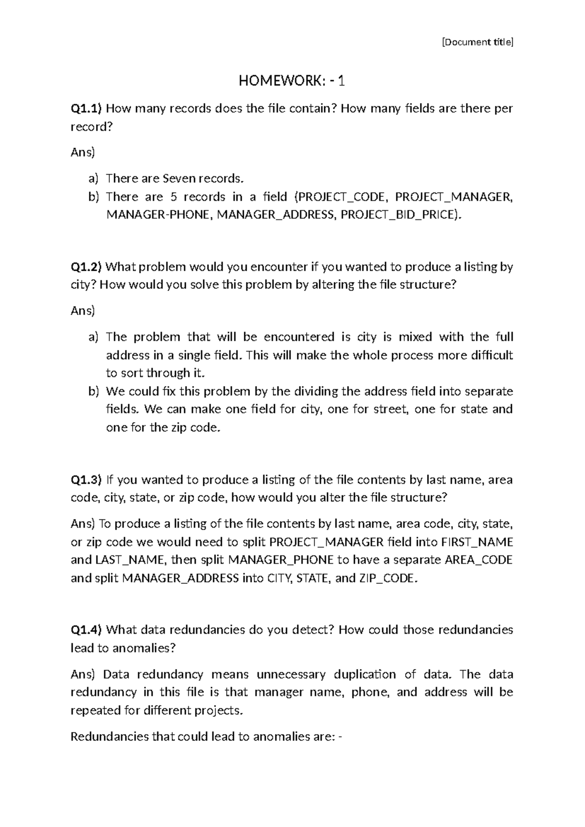 Homework-1 DBMS - It is homework #1 - [Document title] HOMEWORK: - 1 Q1 ...